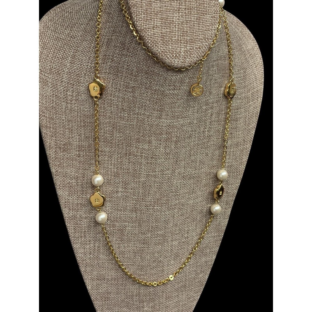 Givenchy Gold Tone Faux Pearl Flower Station Necklace 40 Inch Long Logo Charms - Picture 10 of 13